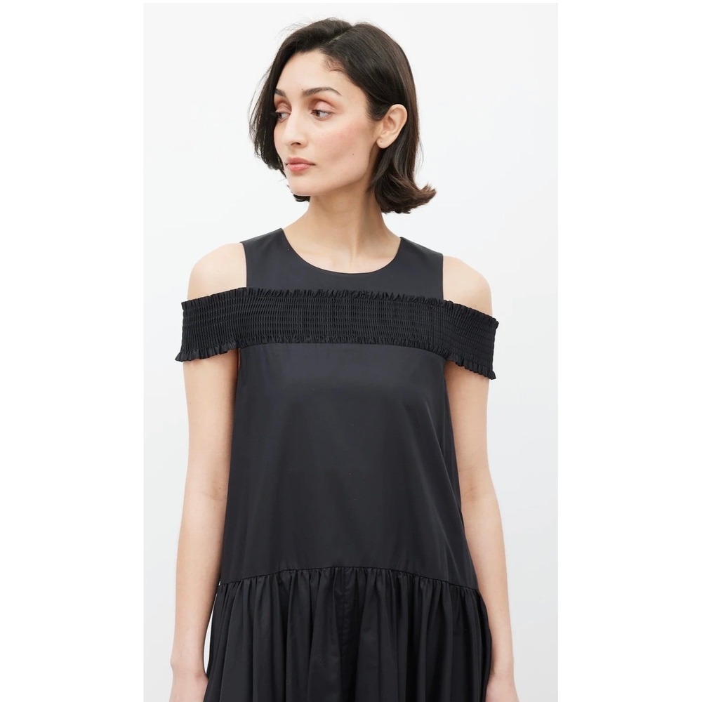 Tibi Black Cotton Smocked Cold Shoulder Peplum Top Minimalist Quiet Luxury Sz 00 - Picture 2 of 8